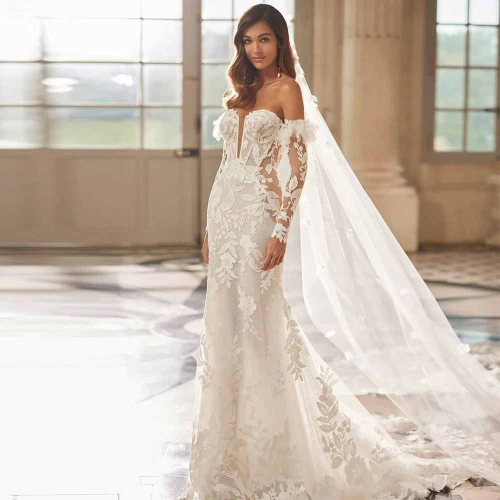 Fashion Mermaid Long Sleeves Wedding Dress Customized Handmade Flowers Bridal Gowns Charming Appliques Tulle Robe de mariée
