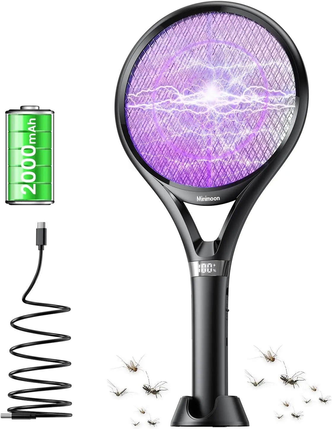 

Электрическая мухобойка с LED-дисплеем, перезаряжаемая ракетка-мухобойка 2000 мАч, ракетка-уничтожитель насекомых 2500В с двумя режимами, лампа-уничтожитель комаров