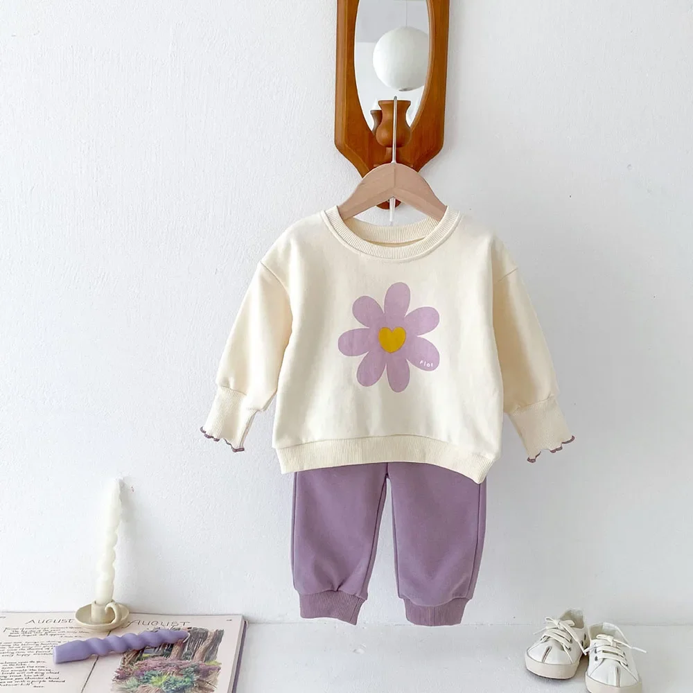 Autumn Baby Clothing Set Korean Style Girls Flower Print Infant\'s Suit Fashion Cotton O-neck Top+Pants 2Pcs Baby Outfit