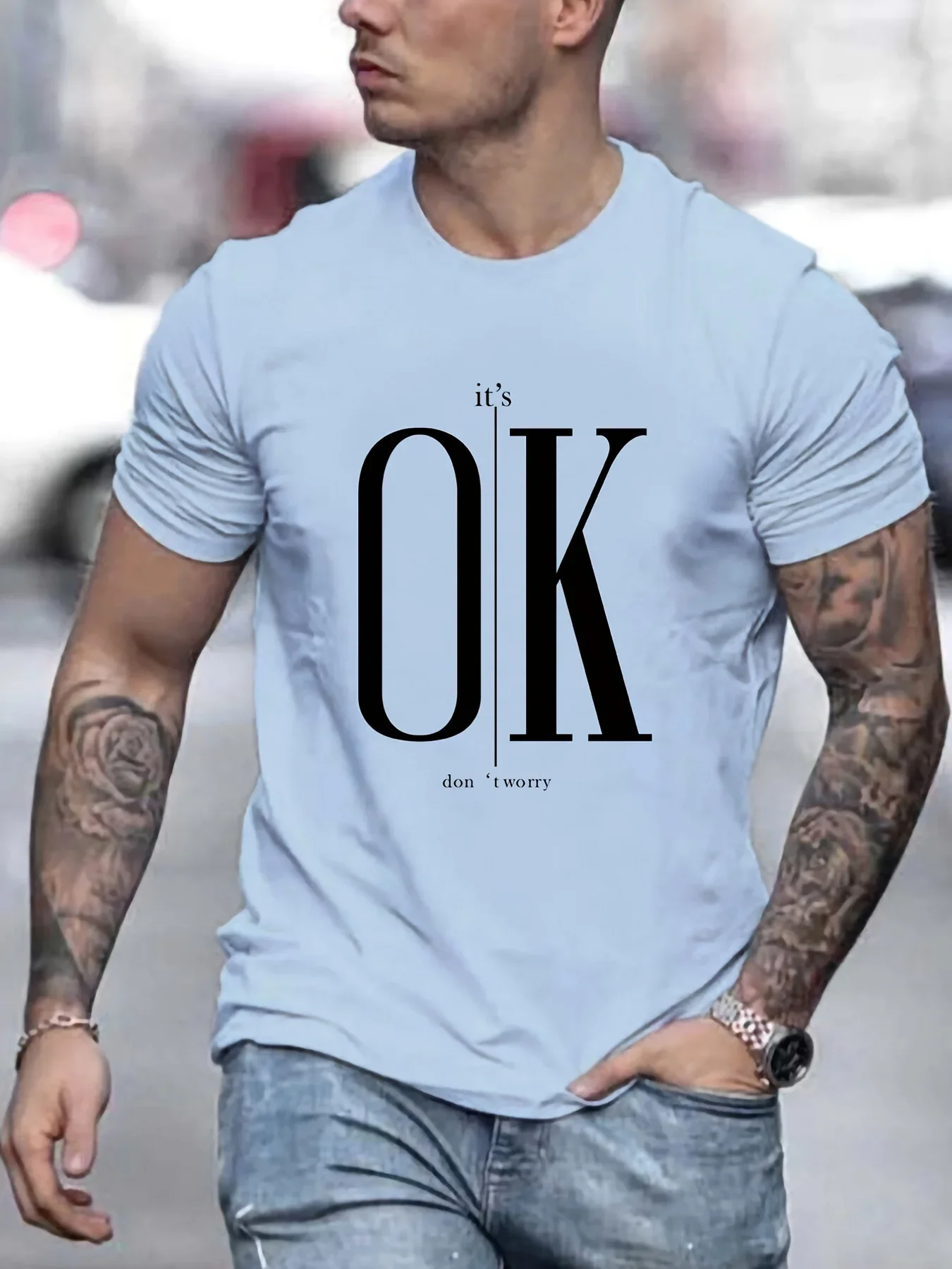 Men's Summer Loose Fit 100 Cotton OK Printed T-shirt Tops