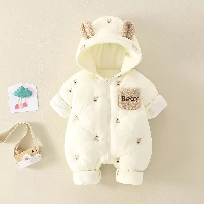 

Утолщенный комбинезон унисекс для мальчиков и девочек с очаровательным вышитым логотипом медведя и боди с капюшоном