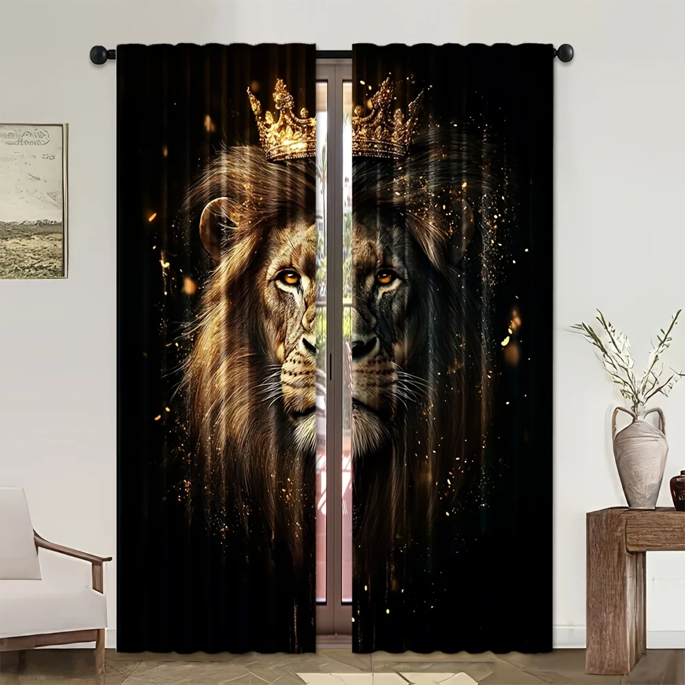 2pcs Lion King Crown Curtains Majestic Animal Print Blackout Drape Living Room Bedroom Window Treatment Home Decor