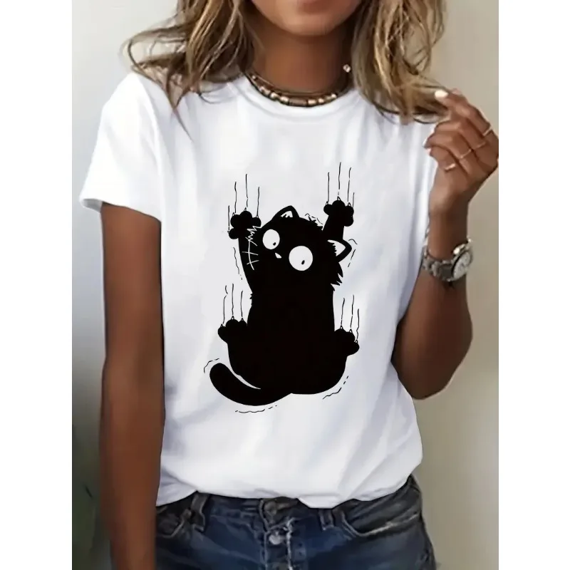Girls Funny Climb Cute Cat Design Printed Women's T-shirt Short Sleeve Crew Neck Casual All Season Women's Clothing Top Tee