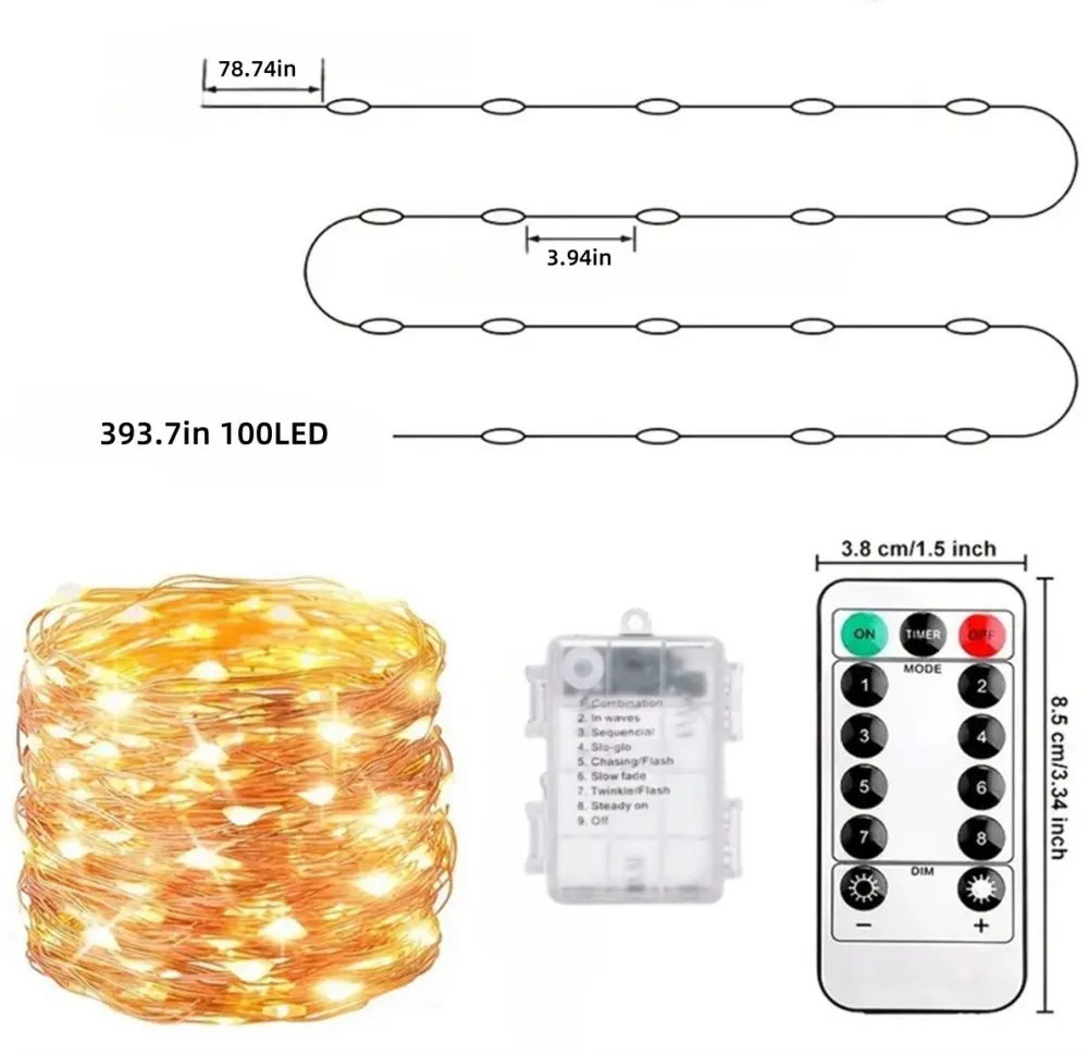 1PC 5M50LED/10M100LED Waterproof Battery Box Copper Wire Light String with 8 Remote Lighting Modes,Used for Party Decoration