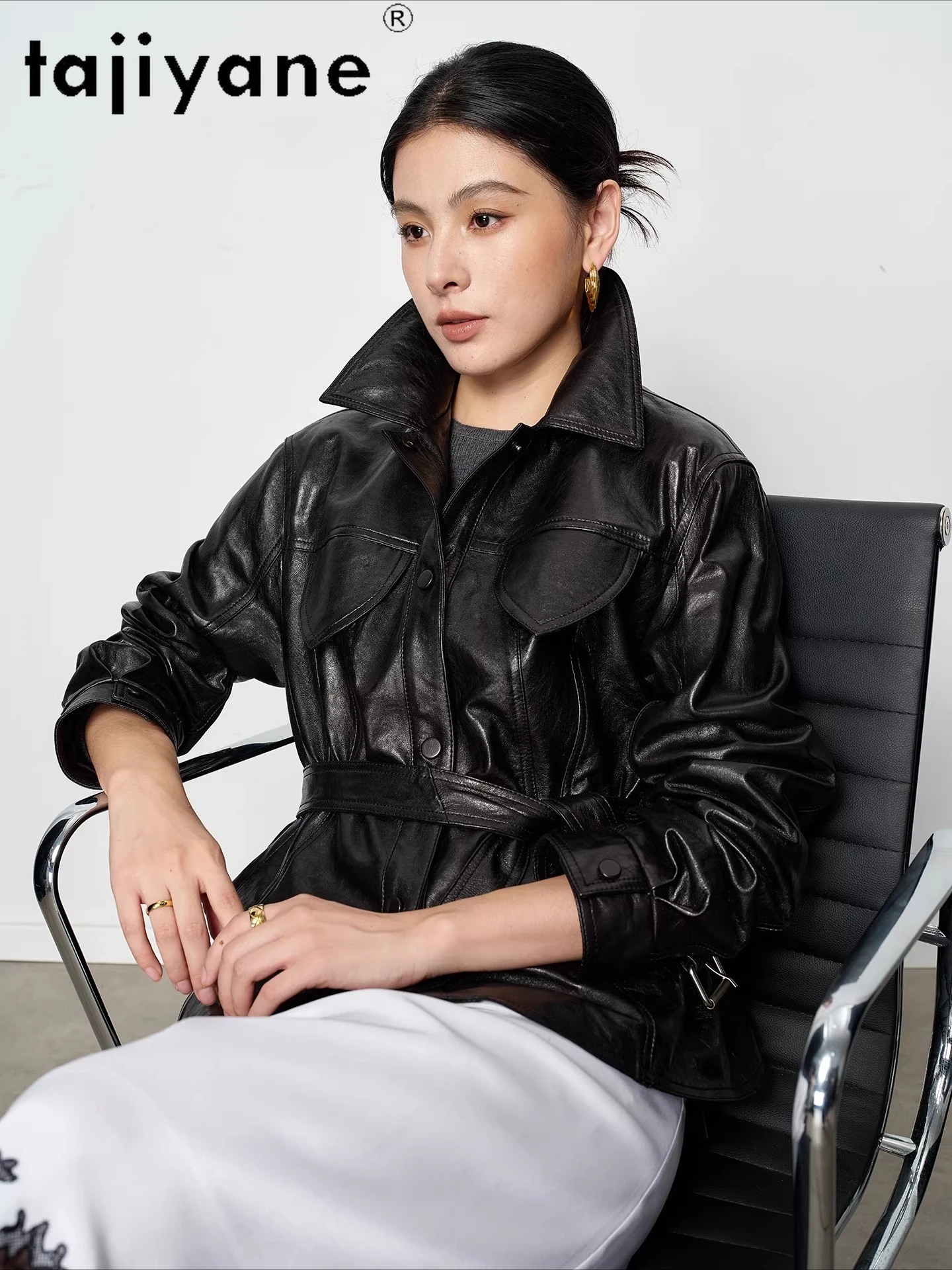 TAJIYANE السترات المصنوعة من جلد الغنم والشمع الزيتي الحقيقي معطف قصير بحزام سترة جلدية أصلية مميزة للمرأة 2025 ملابس الخريف 신상ААУটার