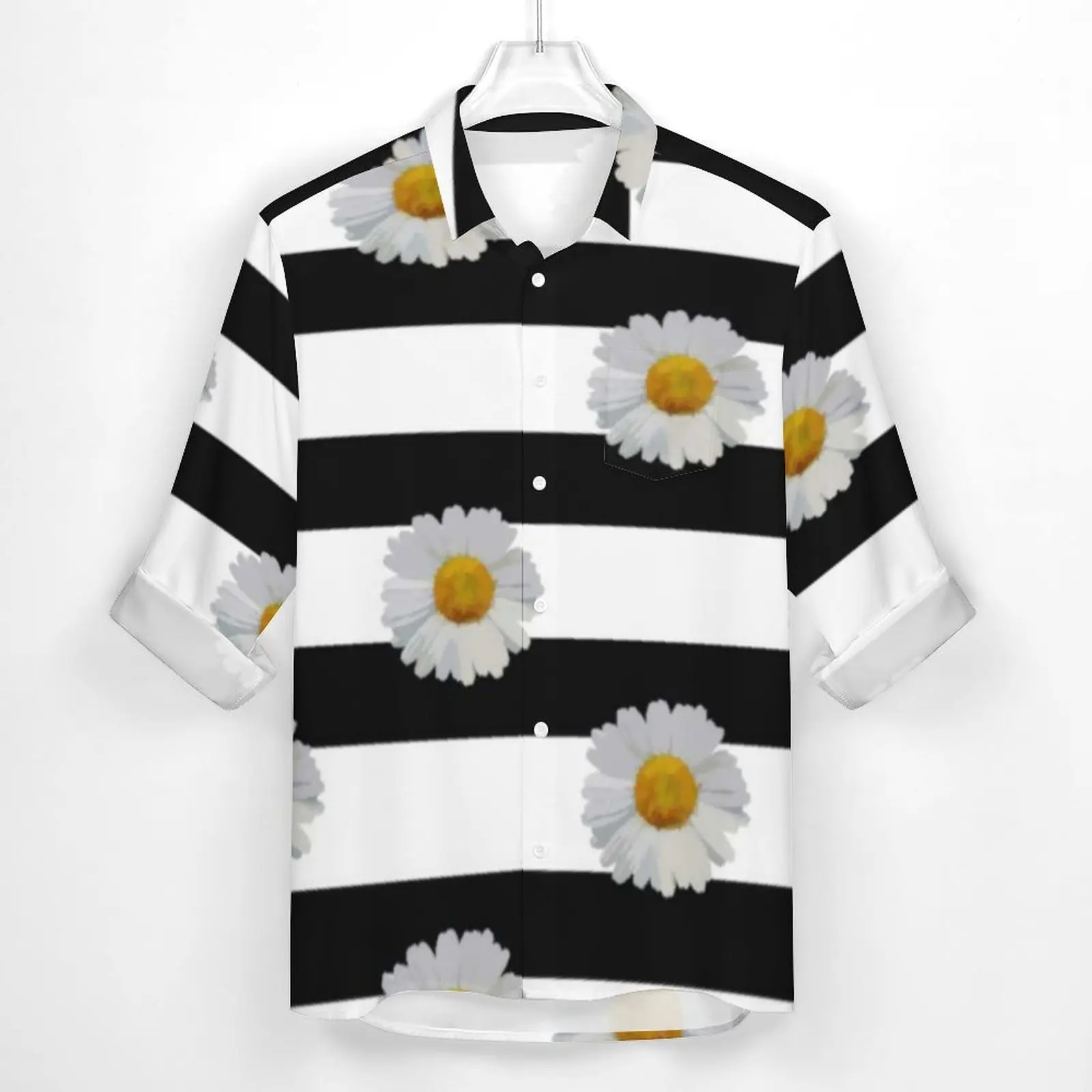 White Floral Daisies Shirt Male Black White Stripes Print Casual Shirts Spring Blouses Long Sleeve Cool Oversized Clothes Gift