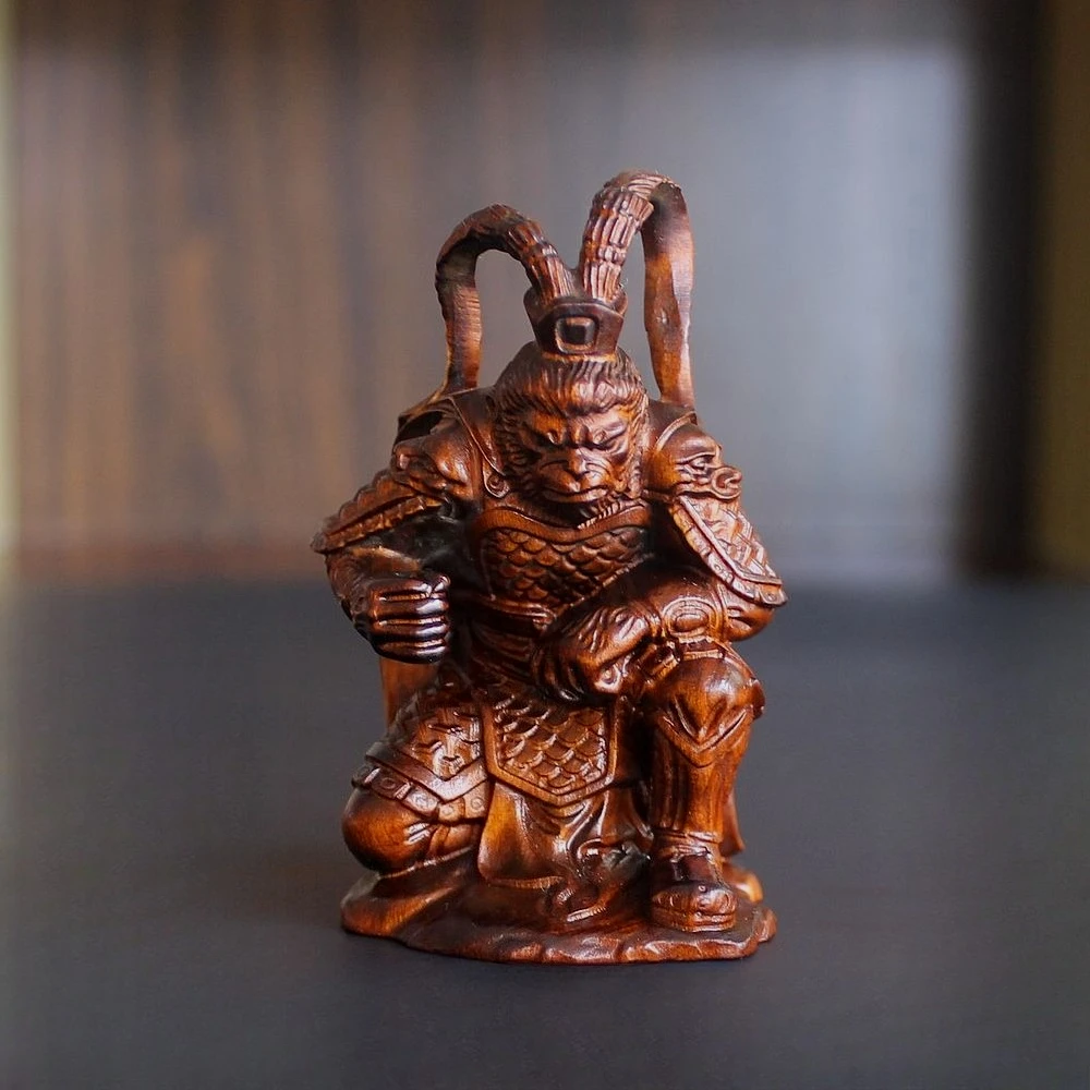 Handmade vintage wooden boxwood Sun wukong Monkey king figurine statue Desktop Sculpture Ornament home decor gift