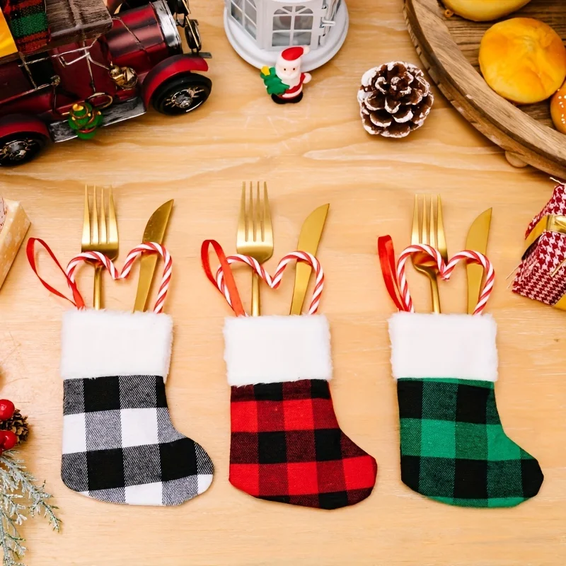 4pcs Mini Personalized Name Christmas Socks Gift Card Small Plaid Tree Knife and Fork Set Table Decoration