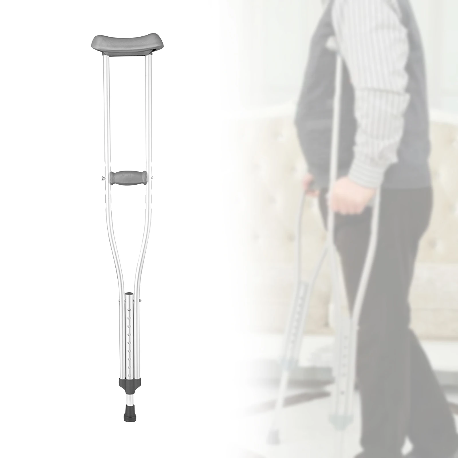 Underarm Crutch Lightweight Portable Nonslip Aluminum Walking Aid Adjustable Height for Men Women Adult Elderly Disabled People