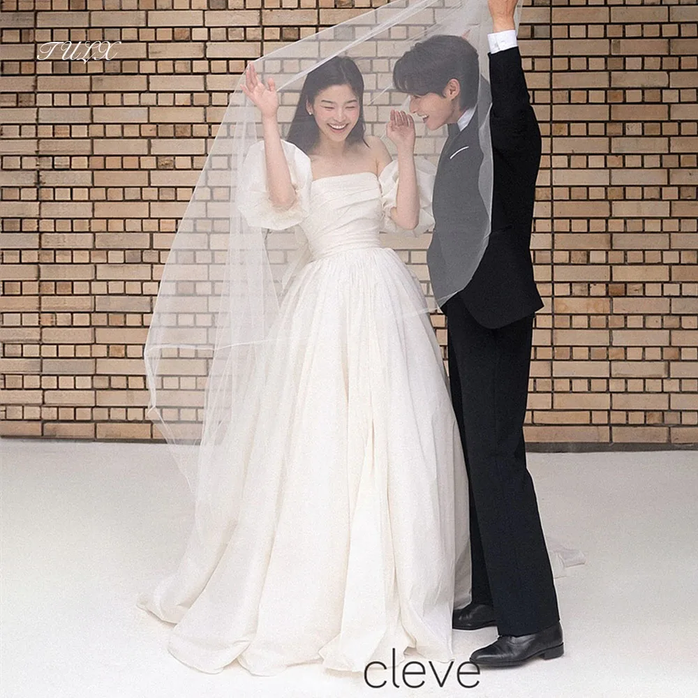 

TULX Simple Strapless Puff Sleeves Wedding Dress 웨딩드레스 Korea Photo Shoot Taffeta Floor Length Bridal Gowns Corset Customized