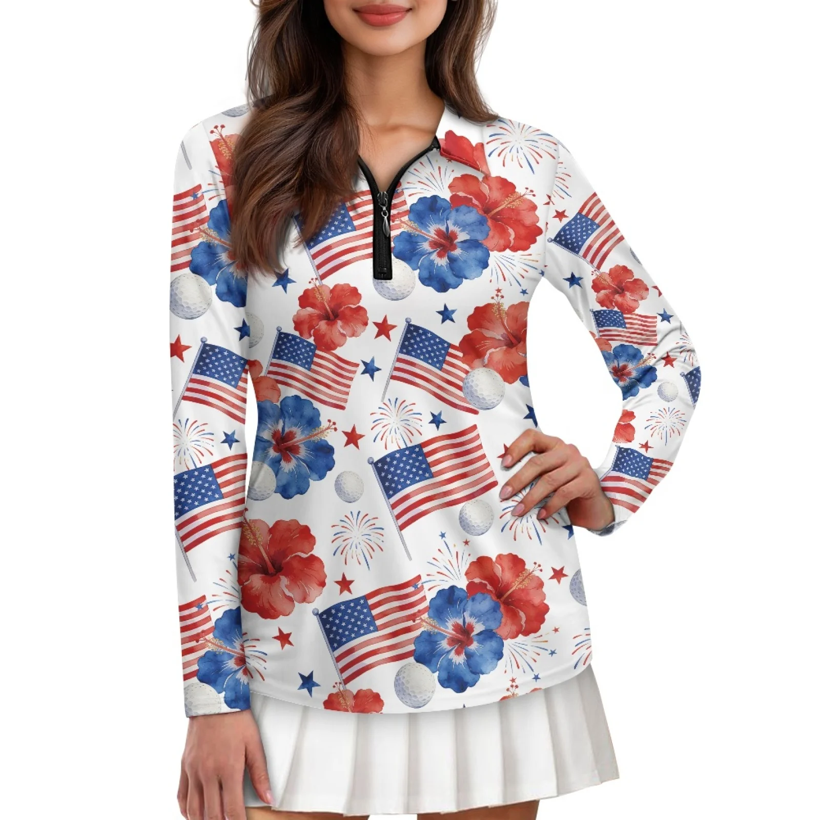 PENSTROLL American Flag Floral Womens Comfortable Tennis Athletic Top Machine Washable Hiking Tops for Fall