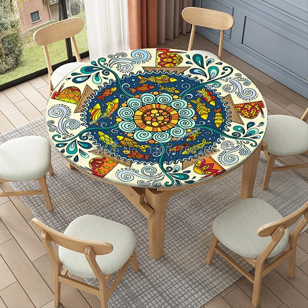 Mandala Round Tablecloth Waterproof Elastic Dining Table Decoration Accessories Boho Style Home Kitchen Dining Room Decoration