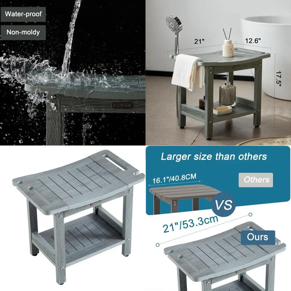 

Gray Waterproof Shower Bench with Storage, Handle, and Shower Head Holder for Bathroom Use