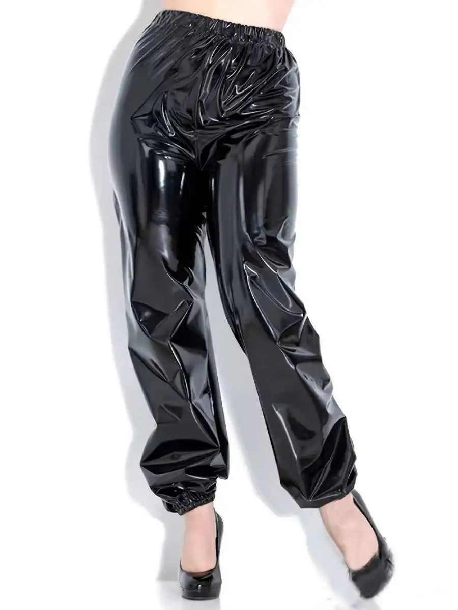 Damen Casual Spiegelfarbe Lederhose Hohe Taille Loose Fit Street Sle Nachtclub Clubwear Hose mit Manschette