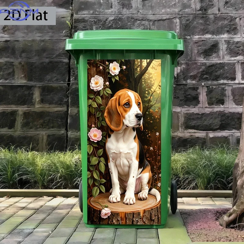2D Flat Printing 1pc Trash Can Sticker 37×82cm, Beagle Under Flowers Themed Design, Self-Adhesive Wall Decal Wallpaper, Kitche