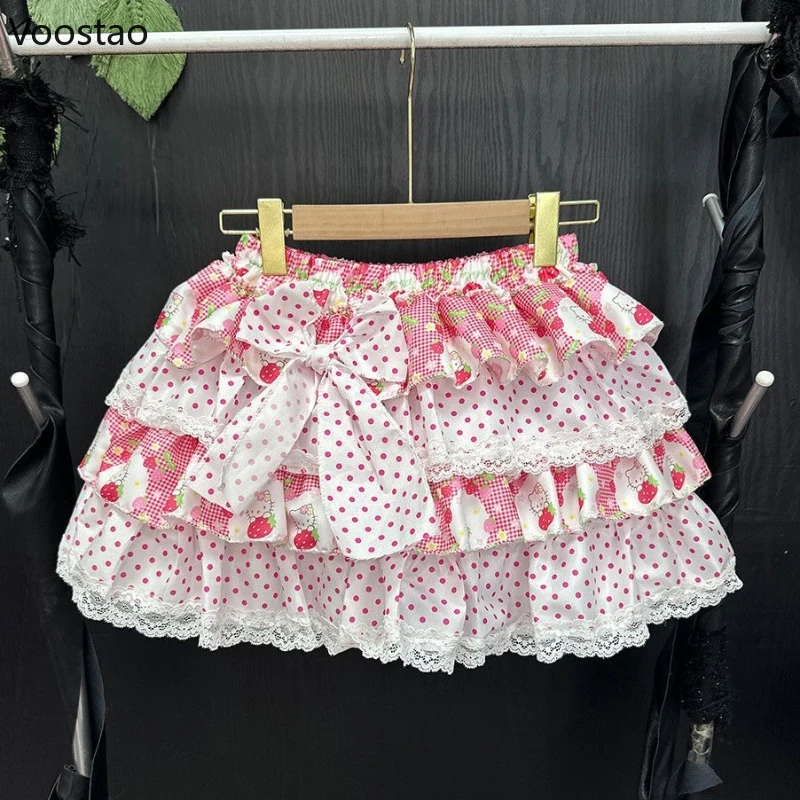 

Japanese Kawaii Lolita Style Skirt Women Cute Cartoon Cat Strawberry Polka Dot Print Ruffles Cake Skirt Girls Y2k Bow Mini Skirt