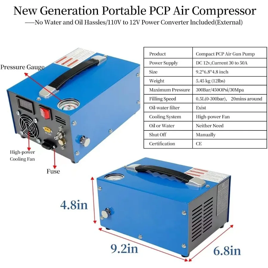 고압 PCP 컴프레서 12V, 300바 4500psi 30Mpa 출력, 컴팩트 디자인, 크기 362626cm, 에어건 충전에 이상적