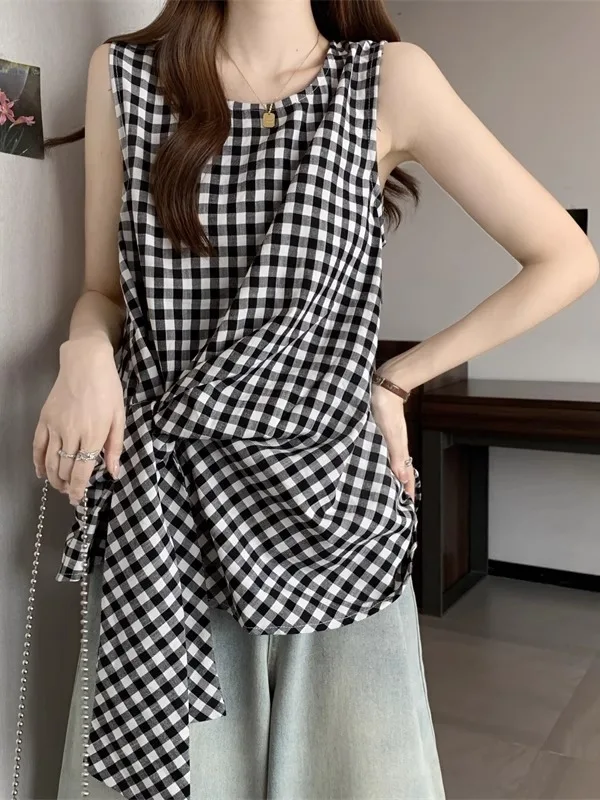 Azul a cuadros Svel irt mujeres de gran tamaño novedad de verano Sle cintura acanalada chaleco con cinturón Top coreano Sle ajuste suelto