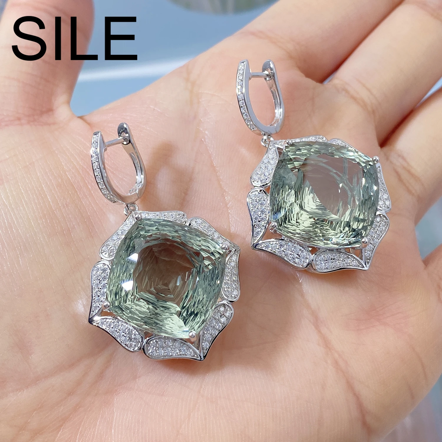 SILE Luxury 17MM Big Green Amethyst Drop Earrings For Women Natural Gemstones Fine Jewelry 925 Sterling Silver Long Earring Gift