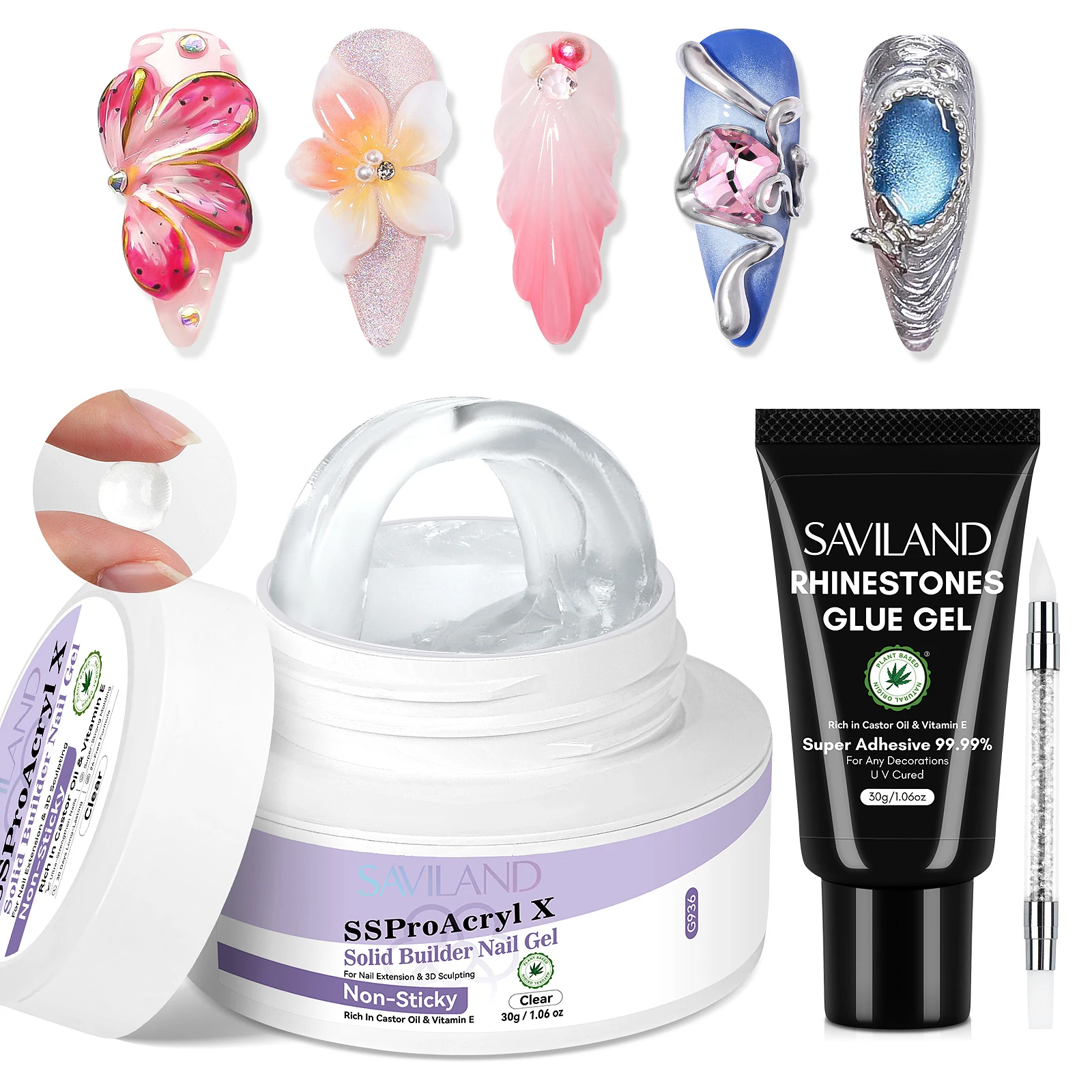 

SAVILAND Pro Solid Builder Nail Gel with Rhinestone Glue 30g Clear Long Lasting 30 Days for 3D Nail Extension Art Salon