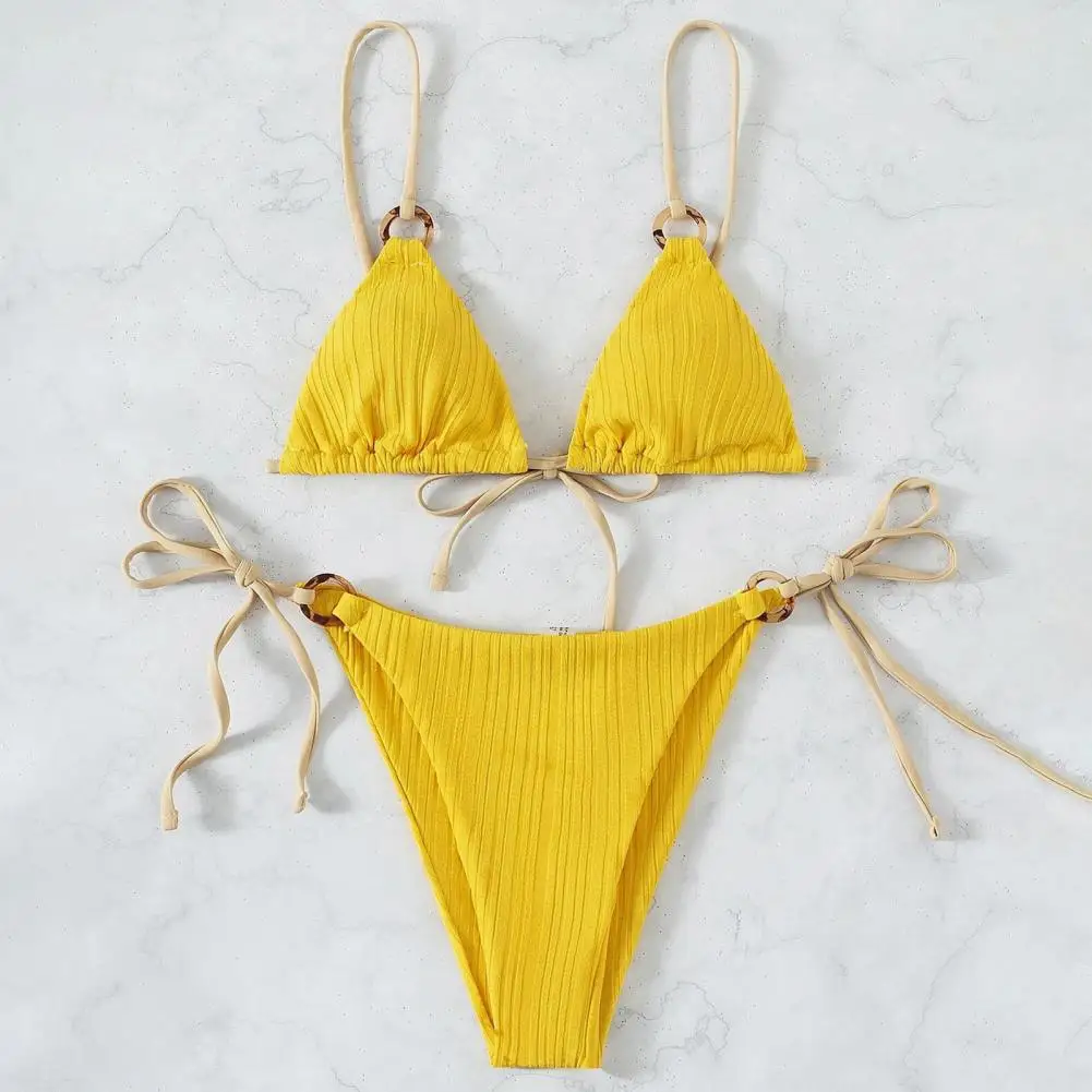 Padded Three-point Women Bikini Set Solid Color Spaghetti Strap Hoop Women Swimsuit Two-piece Swimwear Wireless Bathing Suit