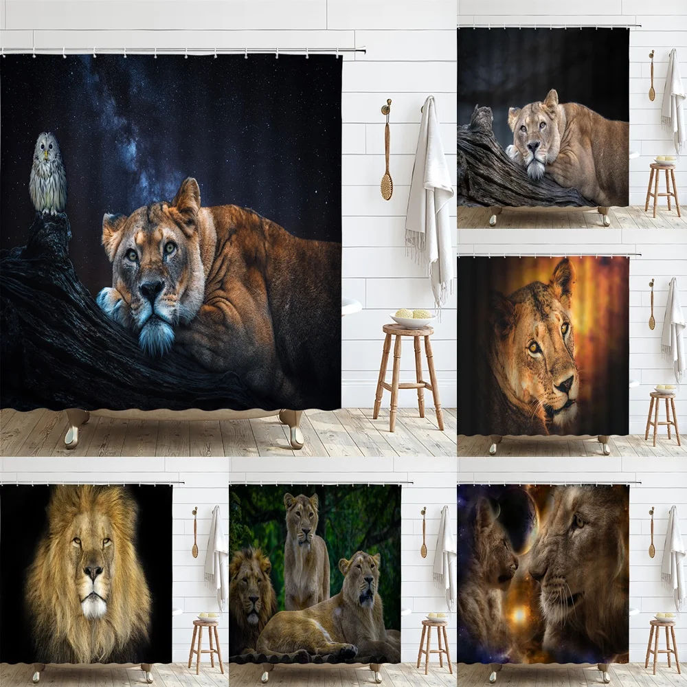 

Lions Owl Shower Curtain Big Cat Forest King Wildlife Starry Sky Branch Polyester Fabric Waterproof Bath Curtains Bathroom Decor