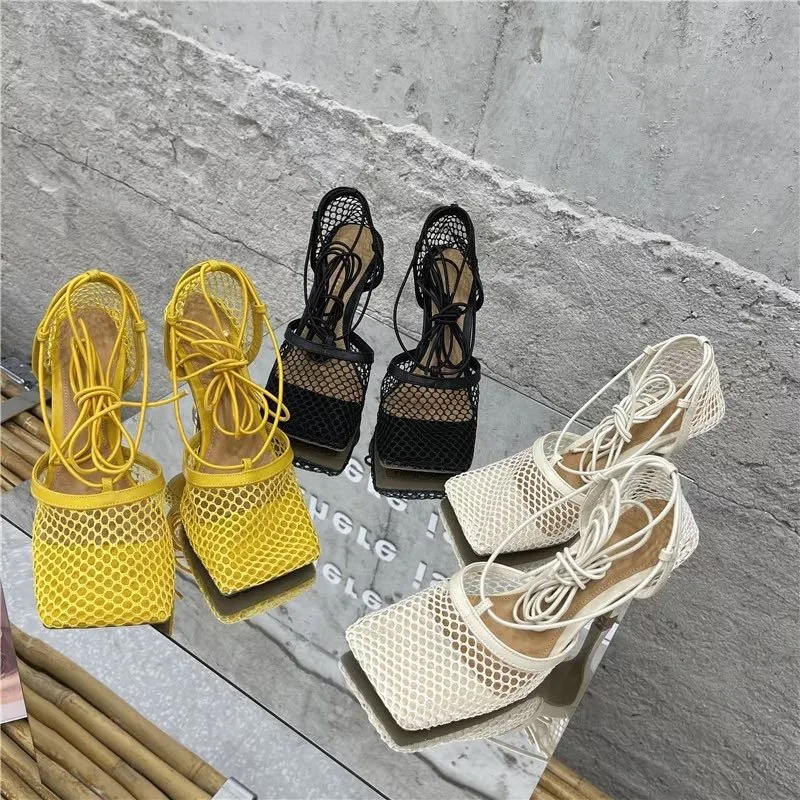 New Sexy Mesh Pumps Sandals Female Square Toe High Heel Lace Up Cross-Tied Stiletto Hollow Dress Shoe Zapatos Mujer Plus Size 42