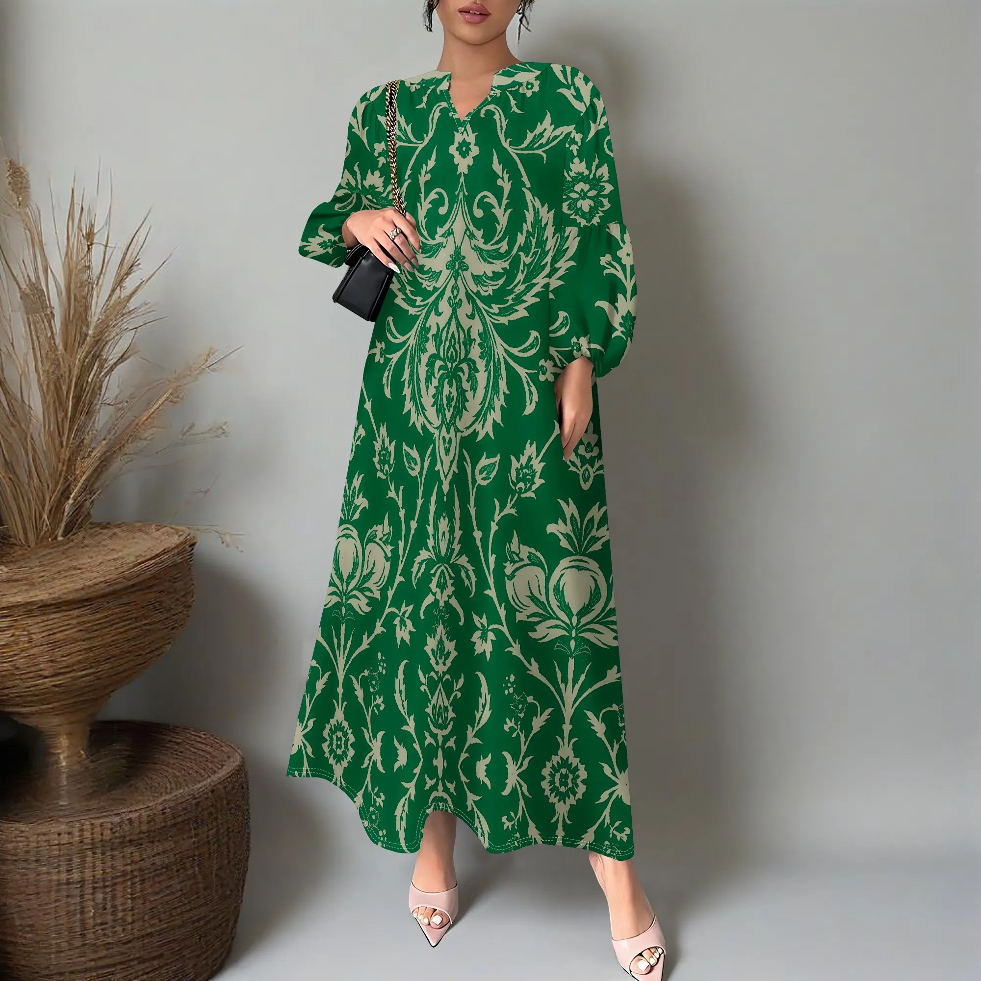 

Women's Plus Size Elegant Green Maxi Dress Vintage Pattern Long Sleeve Modest Formal Church Dress For Fall XS-3XL