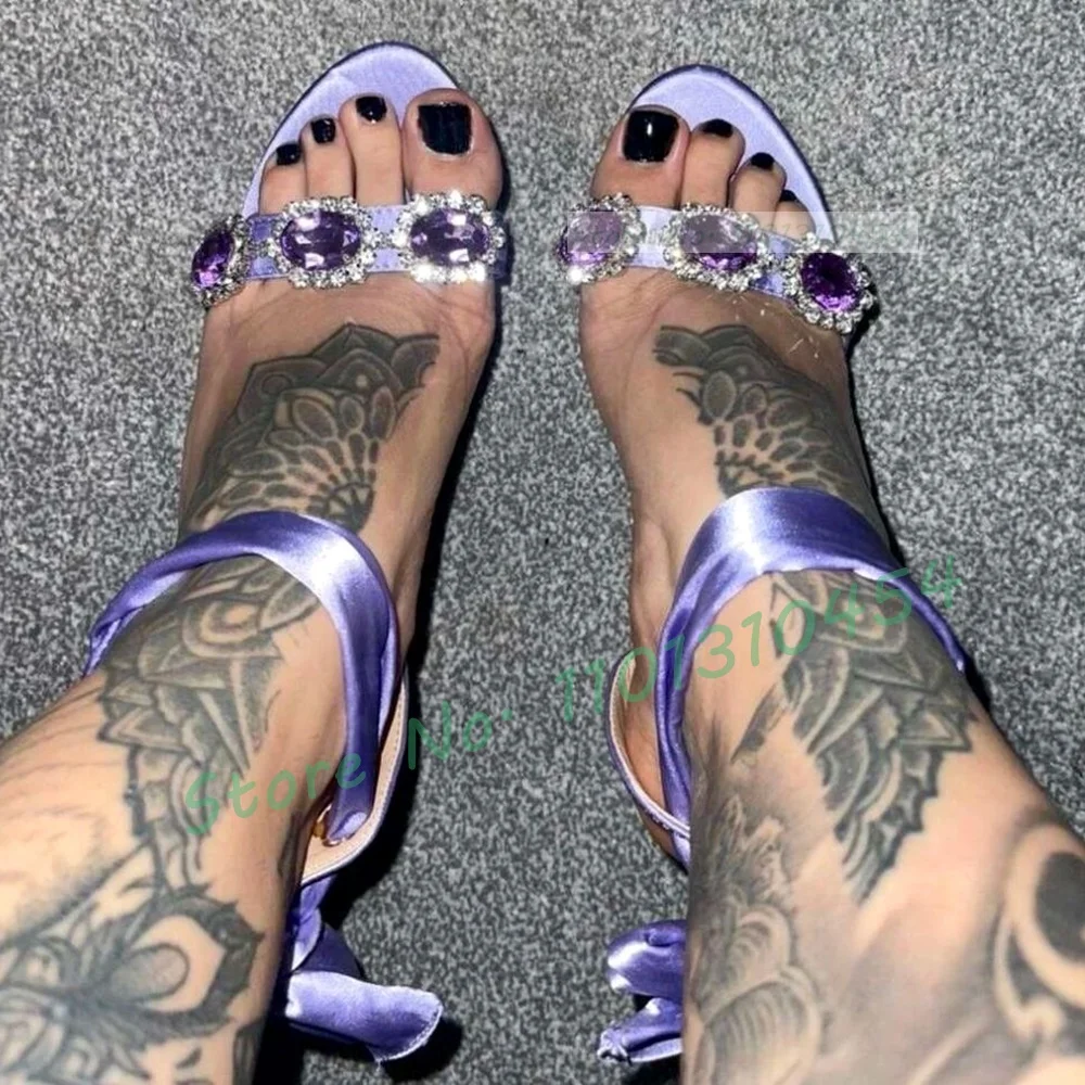 Light Purple Ribbon Sandals Women Elegant Gem-encrusted High Heels Shoes Female Luxury Open Toe Silk Lace-up Sparkly Party Shoes