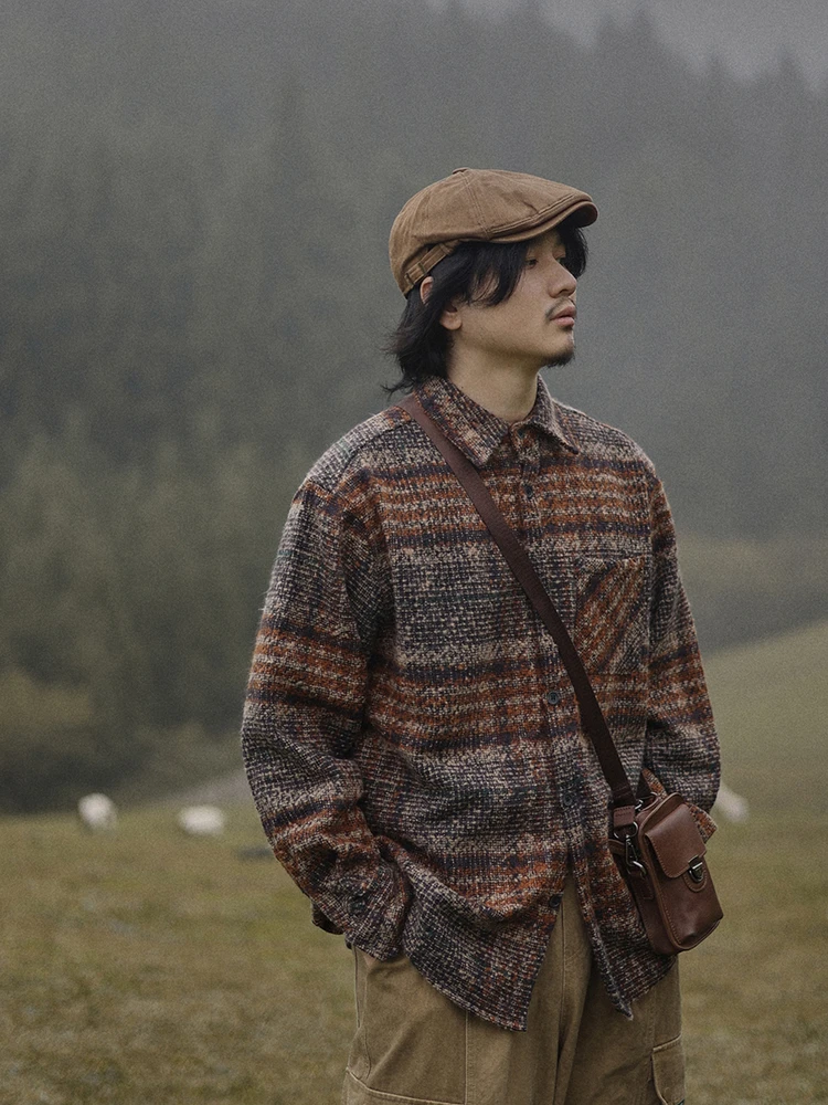 

Retro Thiened Plaid Woolen irt Men's Long Sve Loose Warm Outerwear Trendy Autumn Winter Coat Casual Faion Clothing