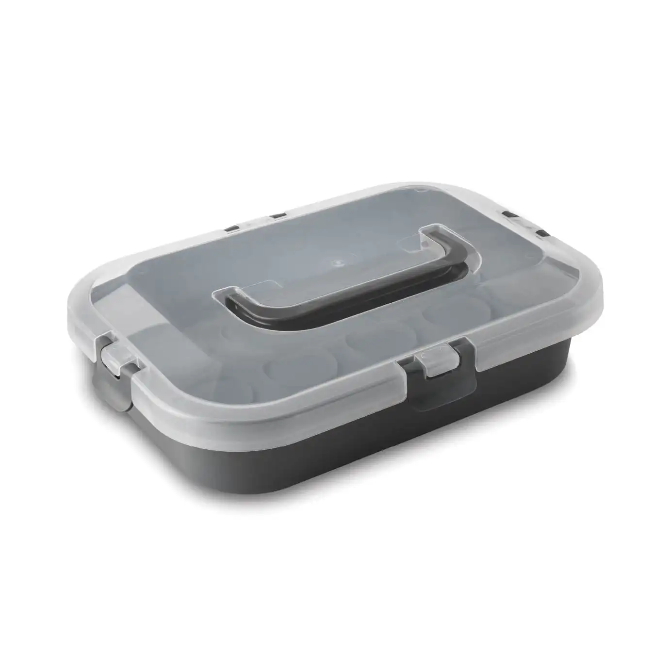 Rectangular Cupcake & Cake Carrier with Lid, Handle, Clasps & Removeable Flippible Cupcake Tray, Grey Plastic