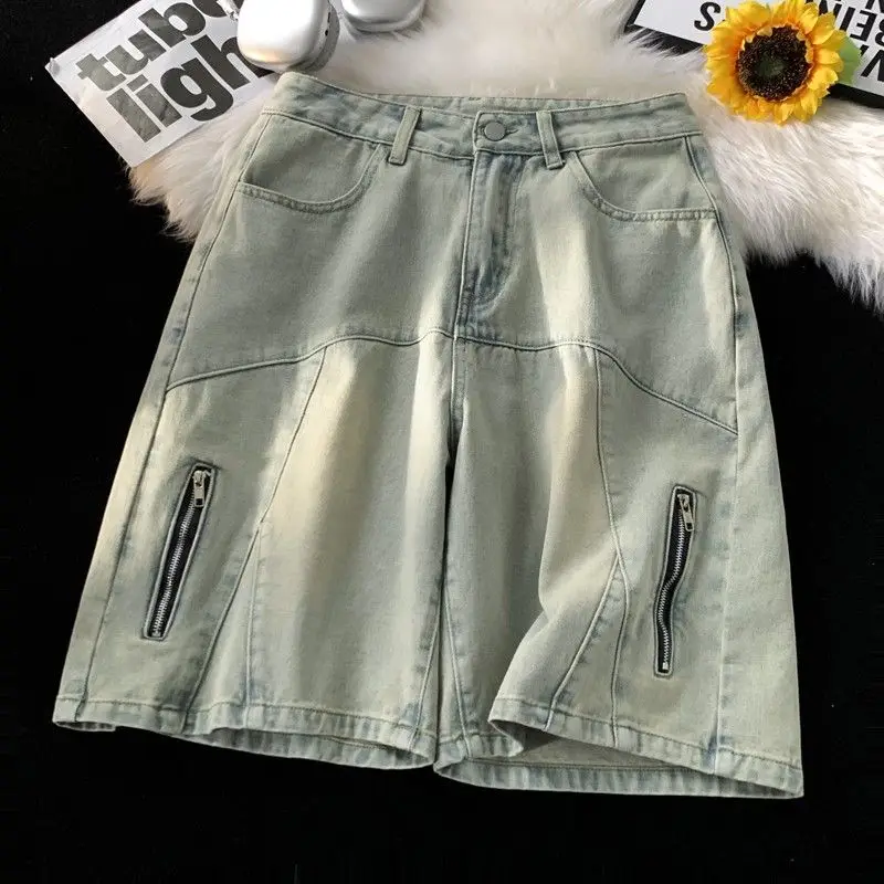 Streetwear Heren Zomer Losse Casual Denim Shorts Heren Rits Straight Veelzijdige Vijf Punts Broek Hiphop Sport Basketbal Shorts