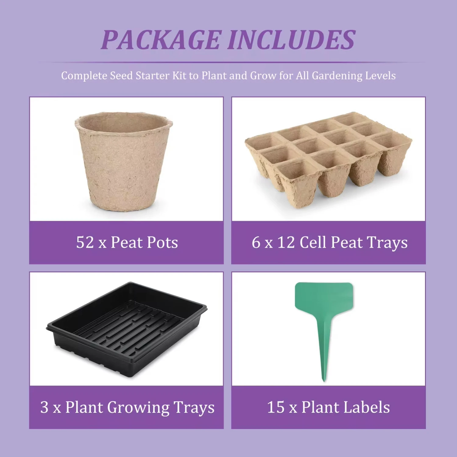 Seed Starter Kit 3 Inches Peat Pots, 72 Cells Peat Trays 15x11 Inches Growing Trays 15 Packs Plant Labels Plant Cultivation