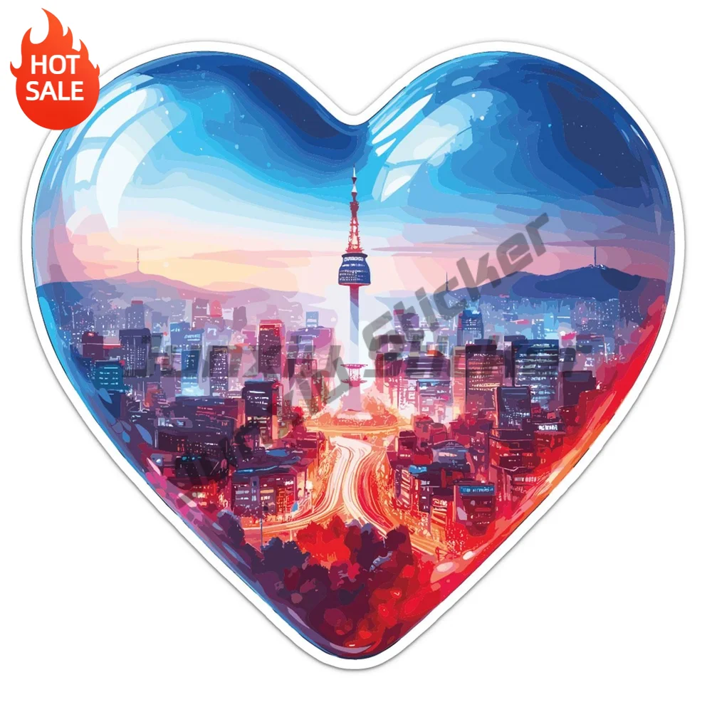 South Korea Heart N Seoul Tower Cityscape Vinyl Sticker Decal for Car Bumper and Travel Case Travel Souvenir Design