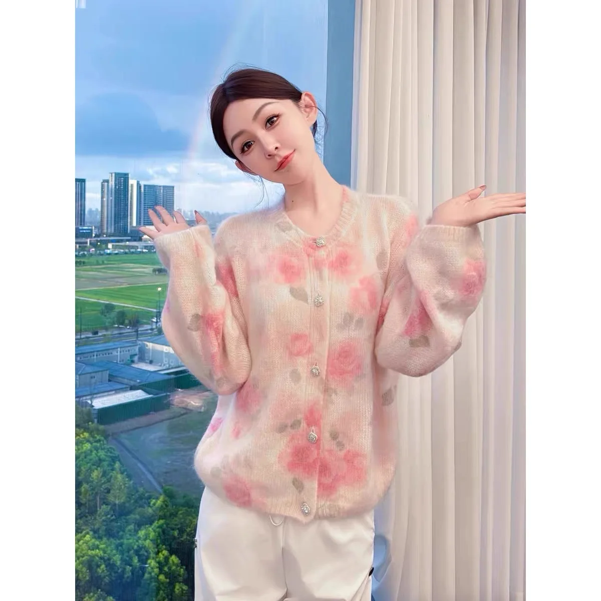 

Women's Loose Lazy Style Soft Mohair Print Sweater Autumn Winter New Arrival Knitted Cardigan Round Neck Long Sleeve Tops F137