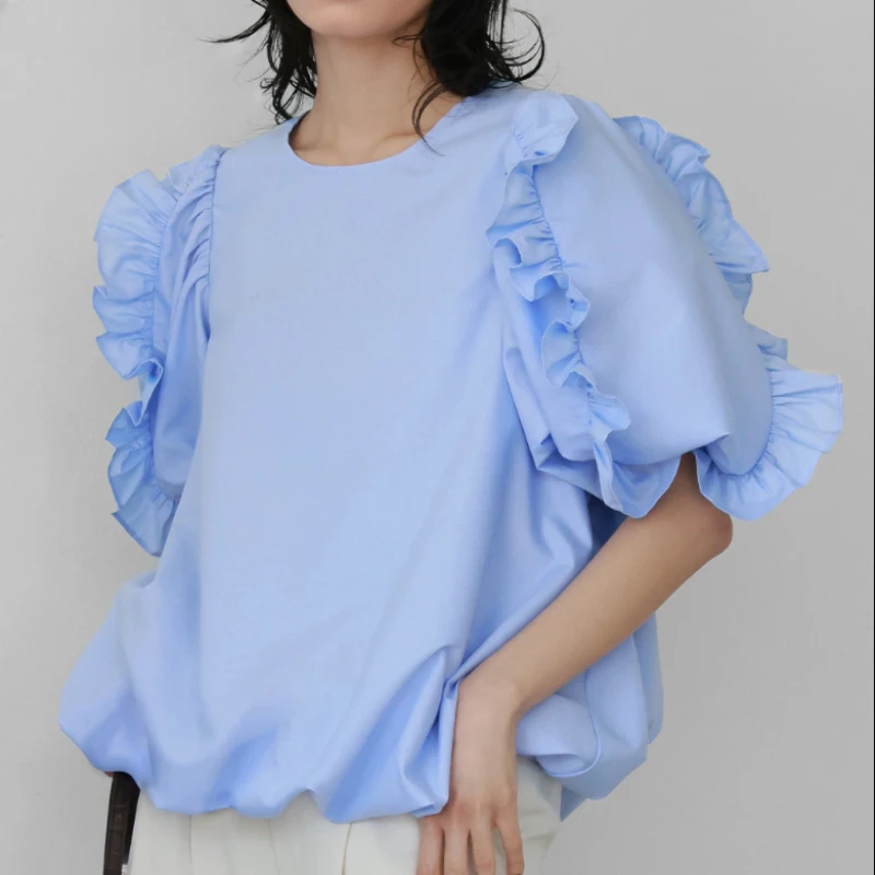 2024 Summer Japan Style Spliced Ruffles Shirts & Blouses women Short Sleeve Blusas O-Neck Camisas Loose Casual Ropa Mujer Tops