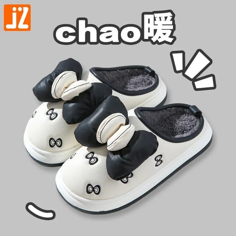 Winter Warm Plush Slippers for Women Home Warm Non-slip Thick Bottom Fluffy Slippers Bows Cotton Slippers Couple Winter Slides