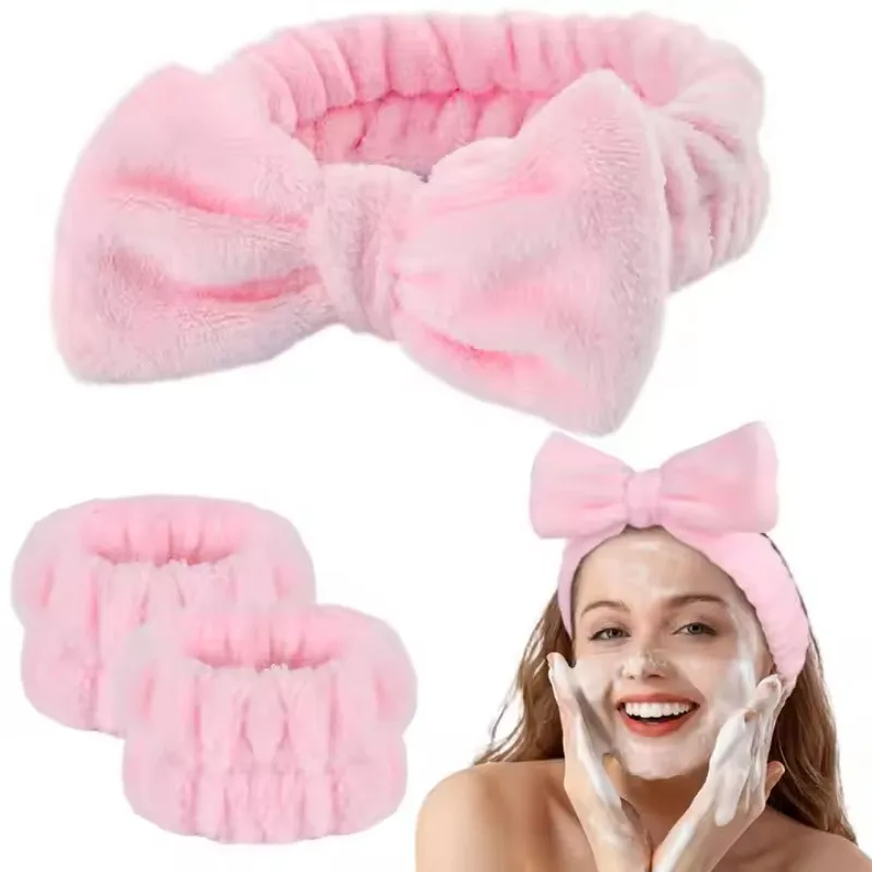 Ensemble de 3 pièces de bracelets de tête à nœud papillon doux et pelucheux, parfaits pour spa, maquillage, soins de la peau et lavage du visage
