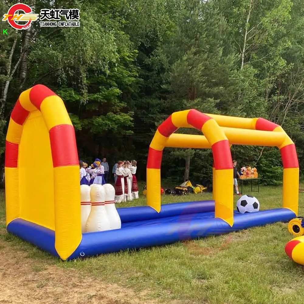 3x7x3mH comercial enorme inflável futebol boliche jogo de tiro aluguel ao ar livre pinos de boliche infláveis e bolas brinquedos de carnaval