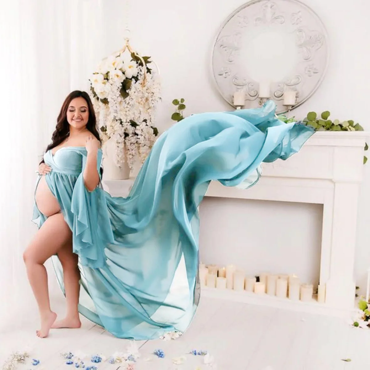 European and American Women's Lace Patchwork Maternity Extra-Long Sleeve Maxi Dress for Photography Flutter Sleeve Dress