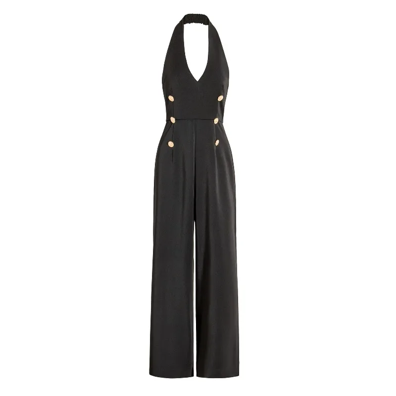 Women Black Jumpsuit Halter Neck Deep V Sleeveless Wide Leg Pants Double Breasted Gold Buttons Elegant Summer Outfit Cocktail Pa