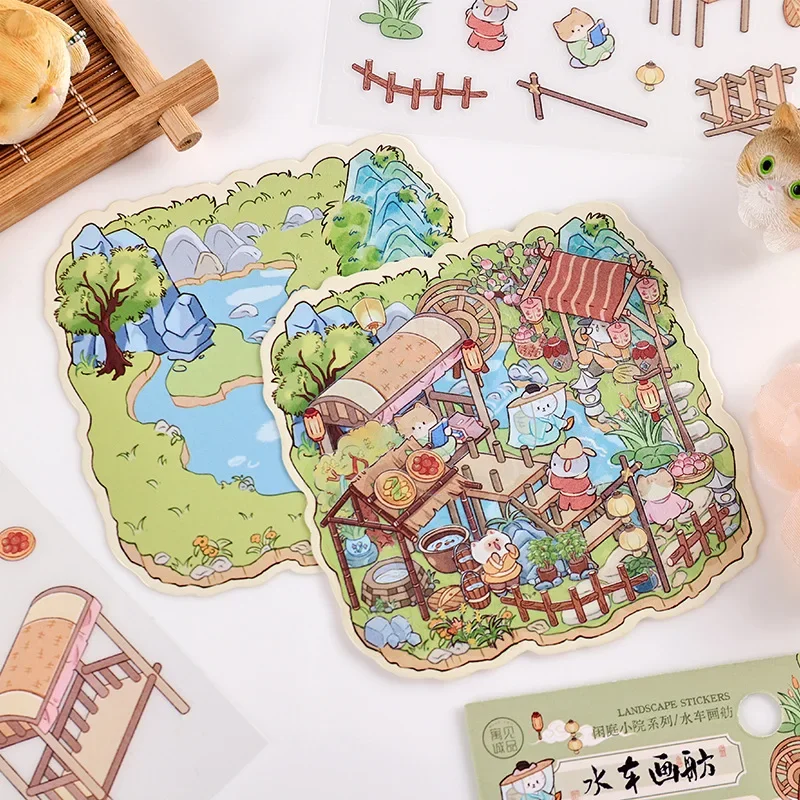 Leisure Courtyard Series Chinese Style Stickers 3D Garden Diorama Scenic Decals Traditional Landscape Scene for Journal DIY
