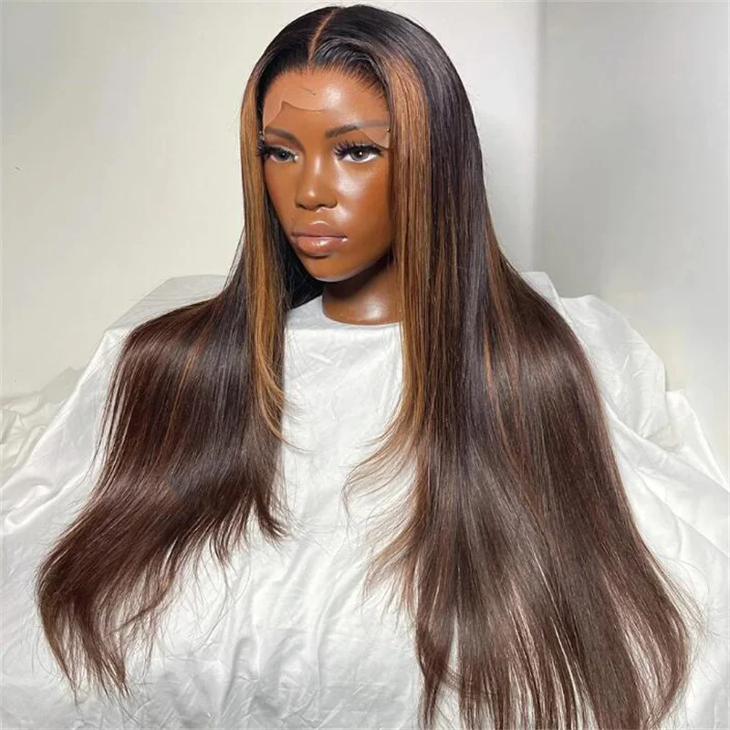 Ombre Brown Soft 26inch Long 180% Density Straight Lace Front Wig For Black Women Baby hair Heat Resistant Preplucked Glueless