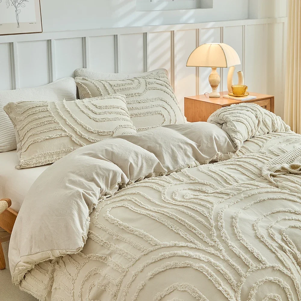 Boho 3D Tufted Cut Flower Quilt Cover Set Bohemia Stripe Duvet Cover and Pillowcase Comfortable Skin-Friendly Comforter Cover
