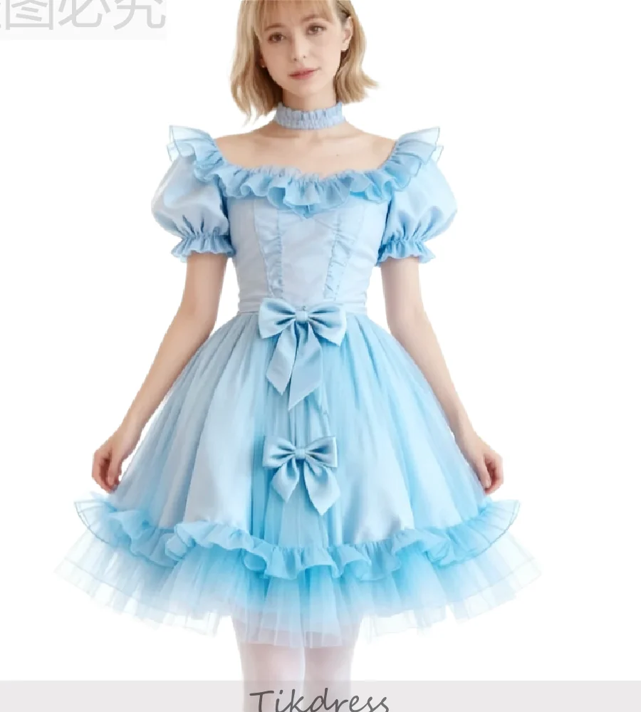 

Сексуальное синее короткое платье Лолиты 2026 Вечернее платье с коротким рукавом и бантом Шикарное коктейльное платье для дня рождения A Line Косплей Одежда для выпускного вечера