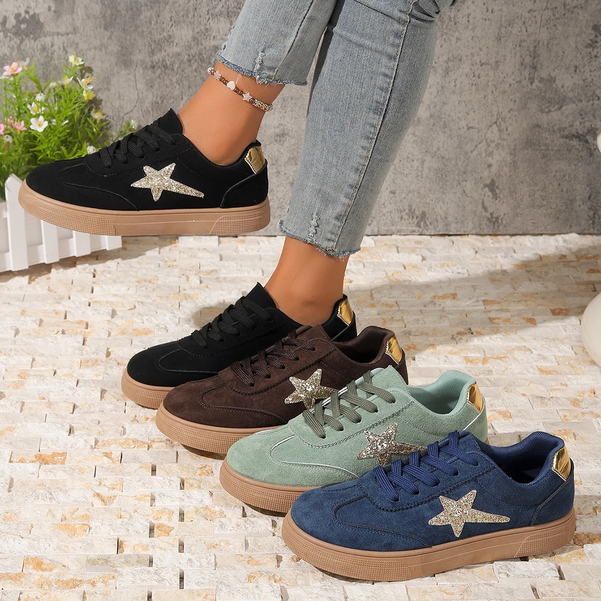 Women's 2026 New Retro Wear-resistant Comfortable Sports Shoes Spring and Summer Fashion Star Sequin Decorated Vulcanized Shoes