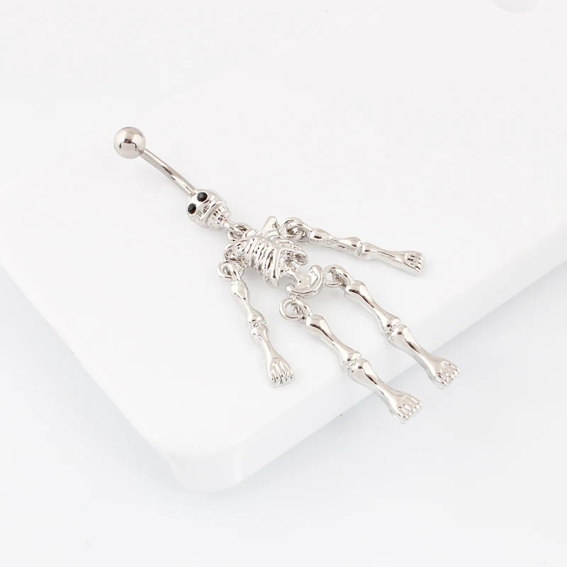 Body Skull belly button ring Skeleton body piercing jewelry Retail navel ring belly bar 14G 316L surgical steel bar