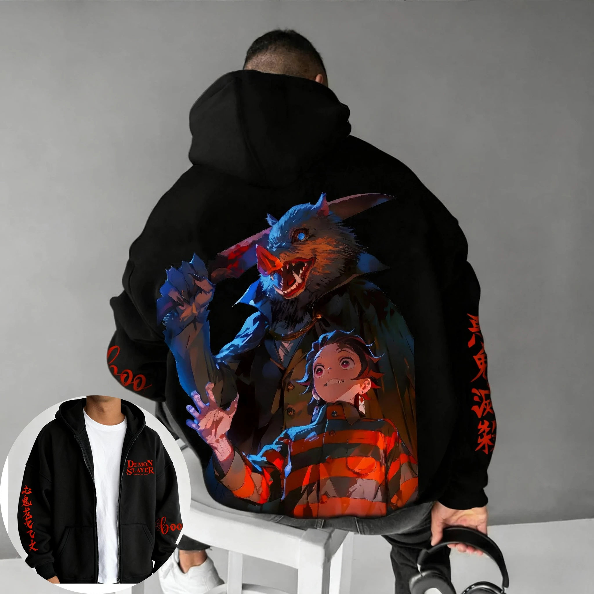 

Demon Slayer Halloween Horror Zipper Hoodie Autumn/Winter Men's New Anime Printed Japanese Harajuku Plus Size Casual Loose Top