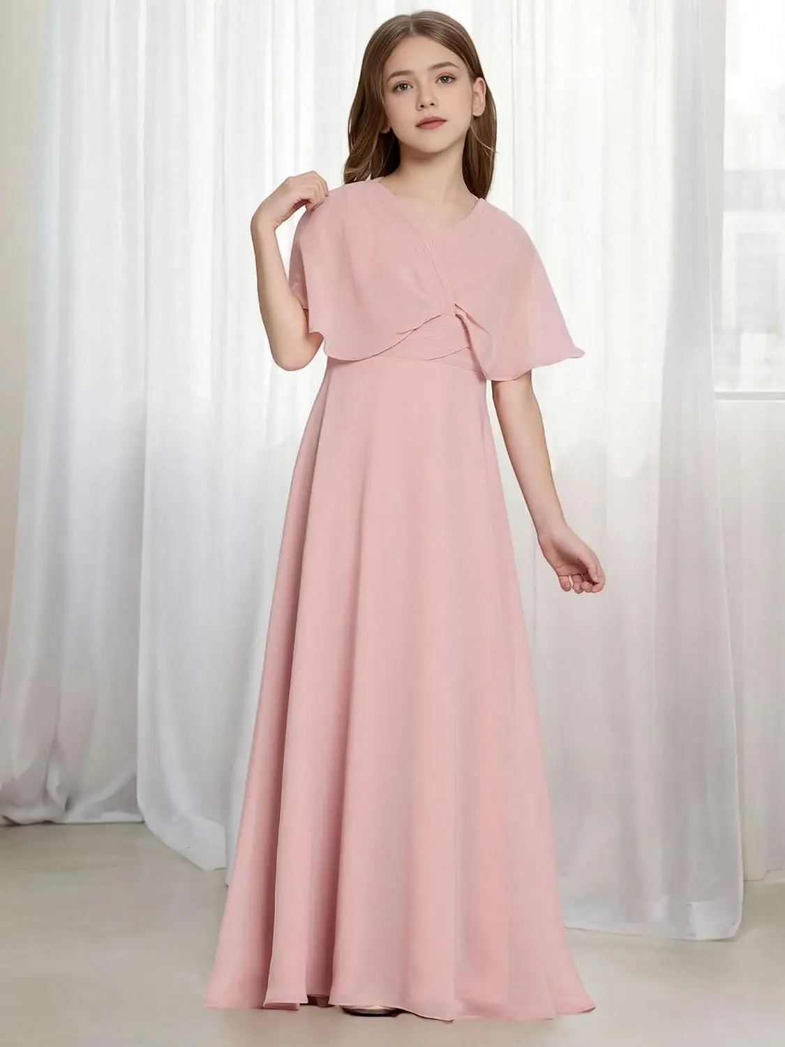 A Line Junior Dresses for Teen Girls Formal Dress Empire Batwing Sleeve Boho Chiffon Flower Girl Dress  Flower Girl Dress