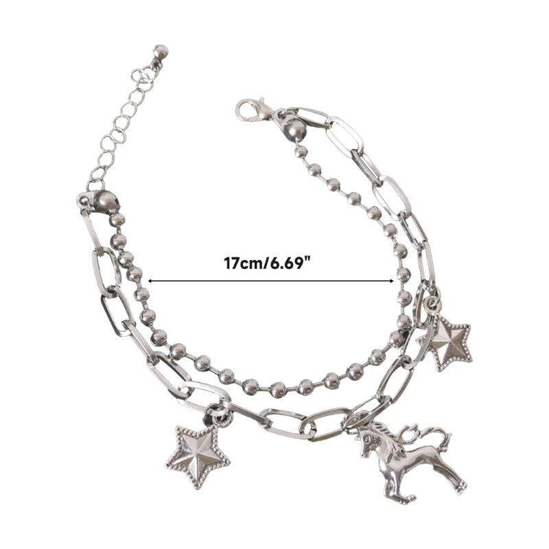 Single Horn Horse Bracelet Cool Girl Hip Hop Double Layer Star Pendant Bangle Simple Versatile Fashionable Wrist Jewelry